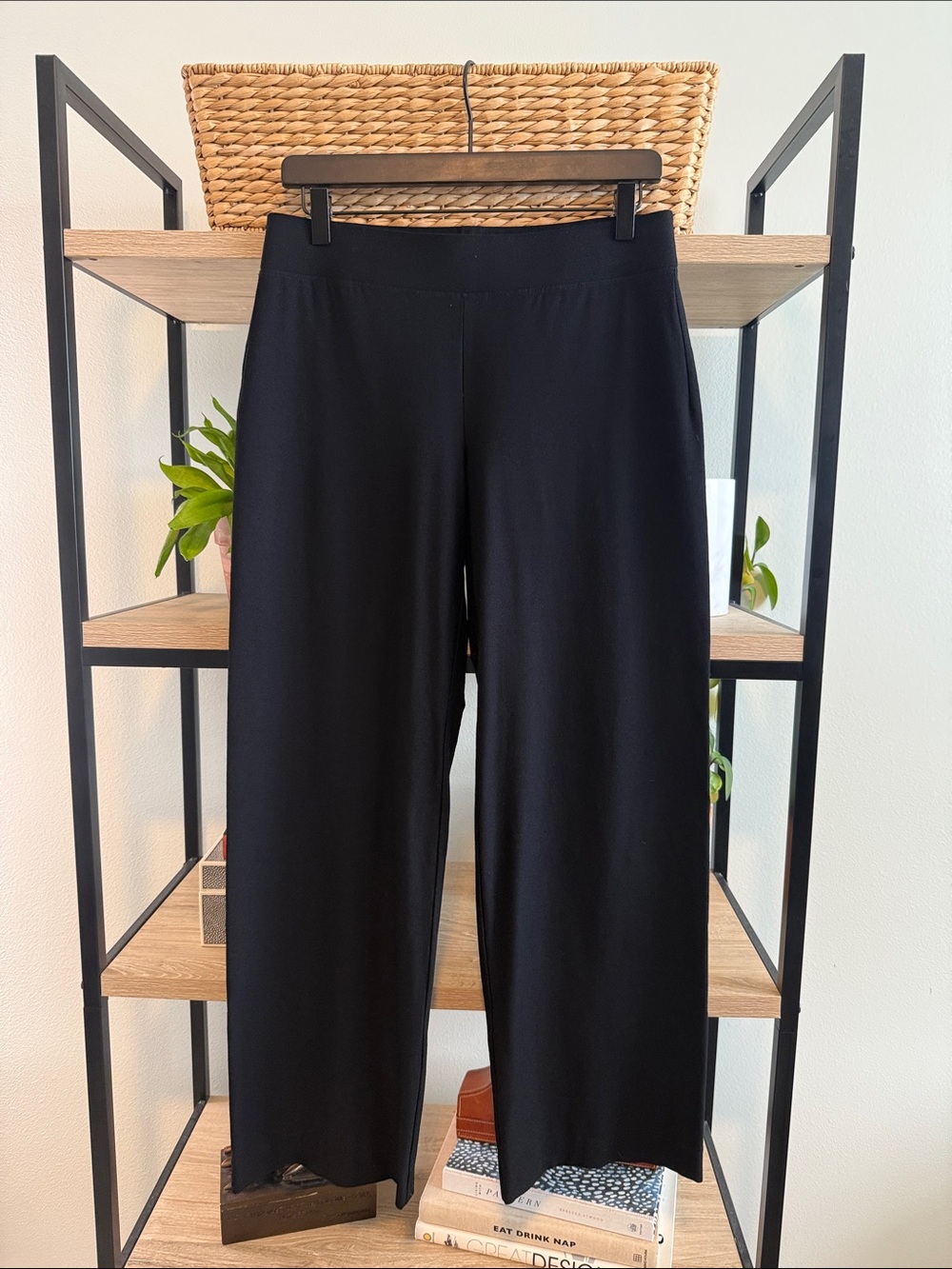 Eileen Fisher Stretch Crepe Mid-Rise Black Knit Pull On Straight Ankle Pant, S